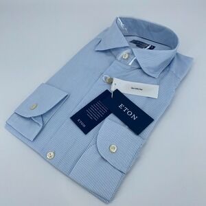 Eton Dress Shirt Men L 16 1/2 - 42 Blue Pinstripe Lightweight Twill Contemporary